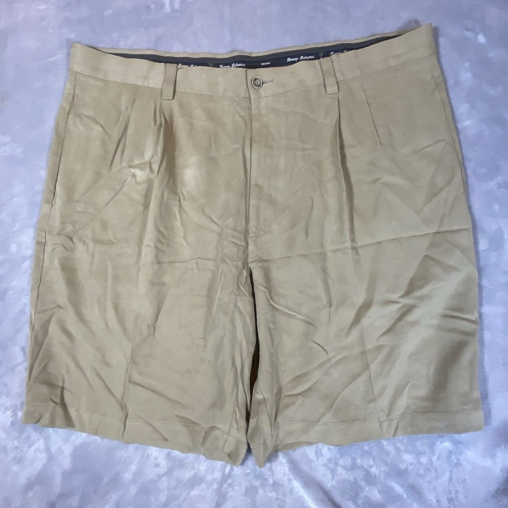 Tommy Bahama Men Shorts Size 40 Khaki Brown Silk Chino Pleated Front Casual Golf
